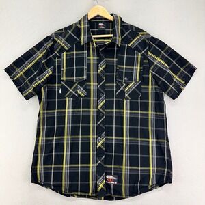 VTG No Fear Shirt Mens XL Yellow/Black Plaid Short Sleeve Biker Y2K OG Low Rider